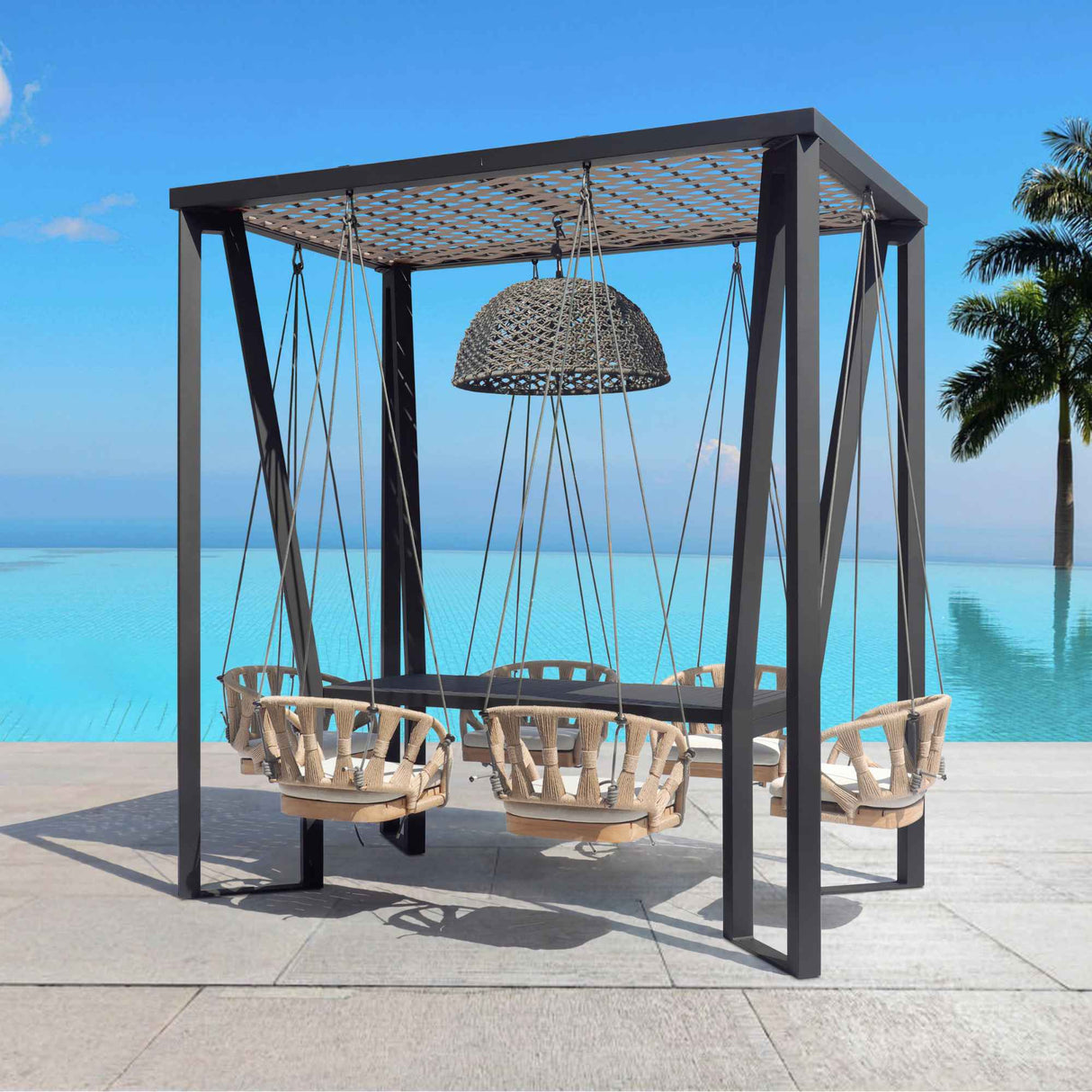 Horizon Outdoor 8FT Pergola with Lamp, Krabi Hanging Chairs & Aluminum Table Model 24107-ALU-CUSH by Skyline Design