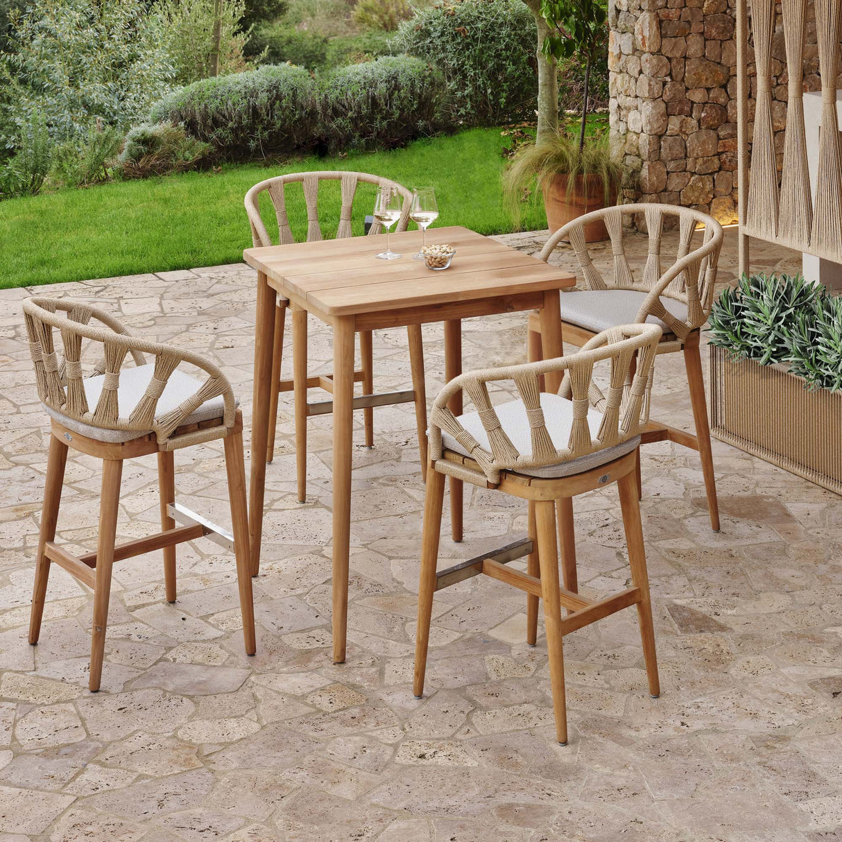 Krabi Outdoor 5-Piece Pub Set with Sunbrella Cushions Model 24110-TEAK-KA-5PC by Skyline Design