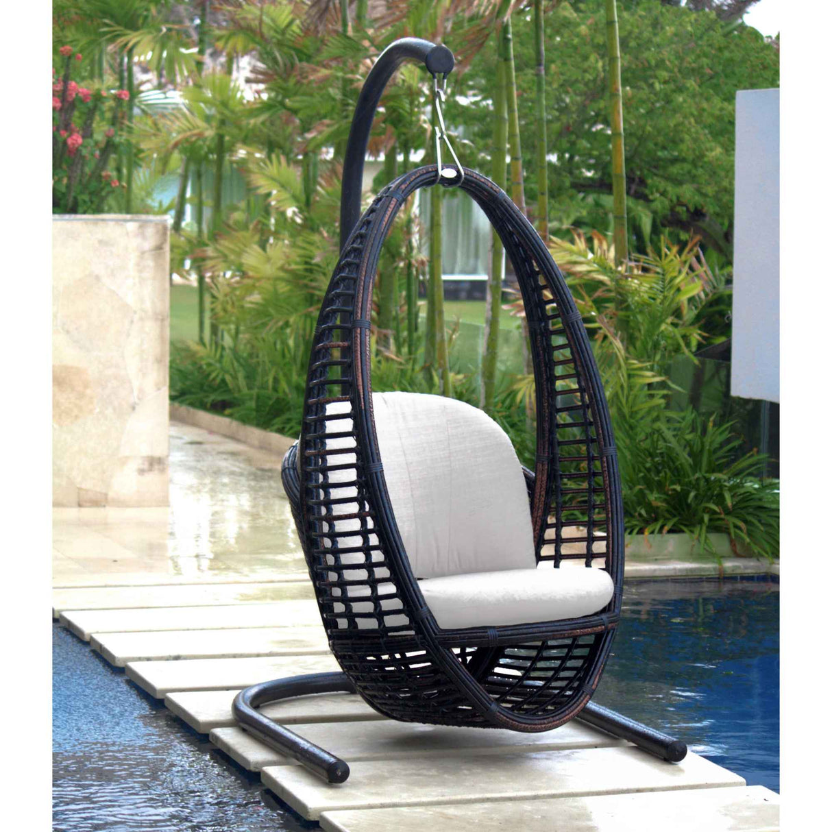 Heri Outdoor Hanging Chair with Frame and Sunbrella Cushions Model 2972-BMNP-2PC-CUSH by Skyline Design