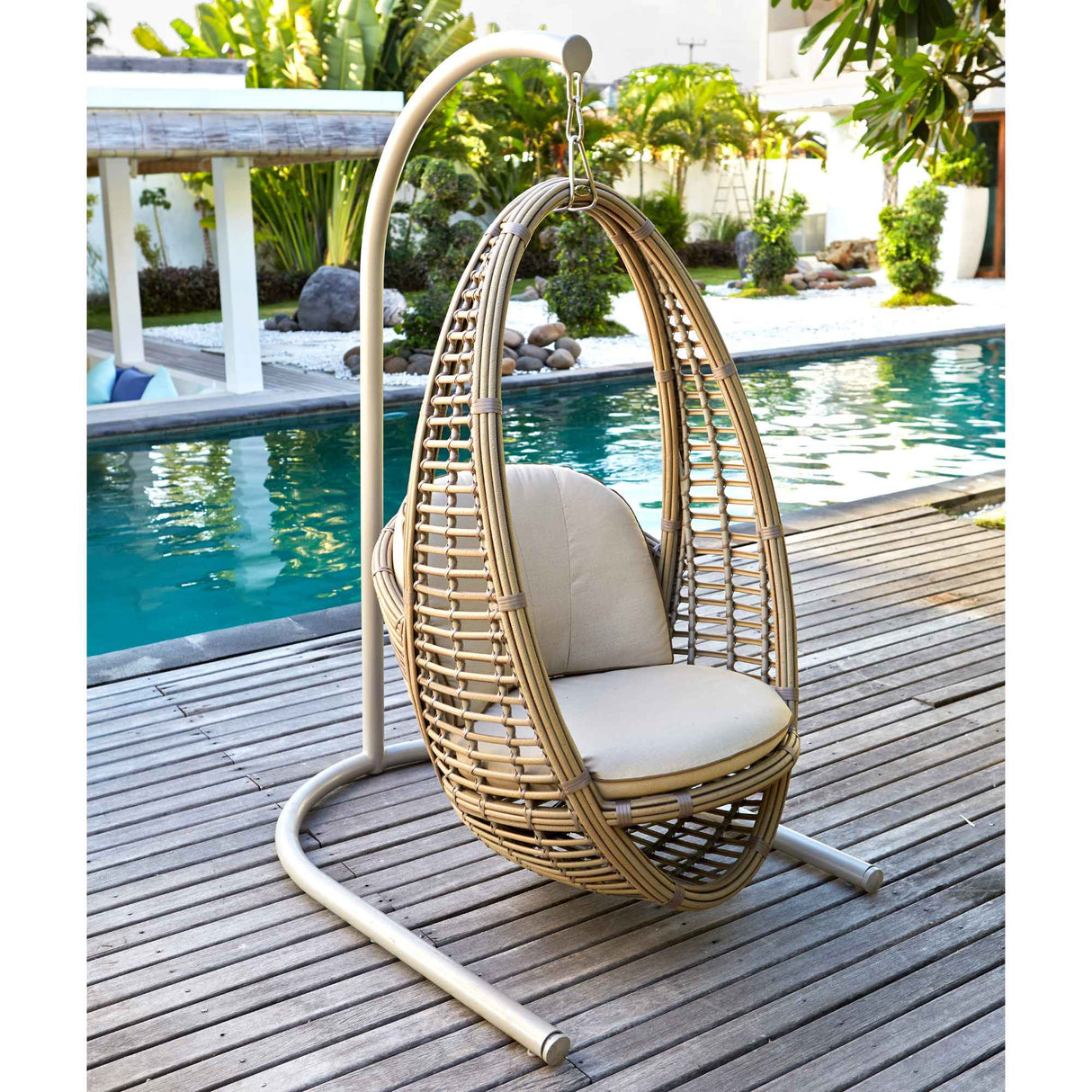 Heri Outdoor Hanging Chair with Frame and Sunbrella Cushions Model 2972-KMNP-2PC-CUSH by Skyline Design