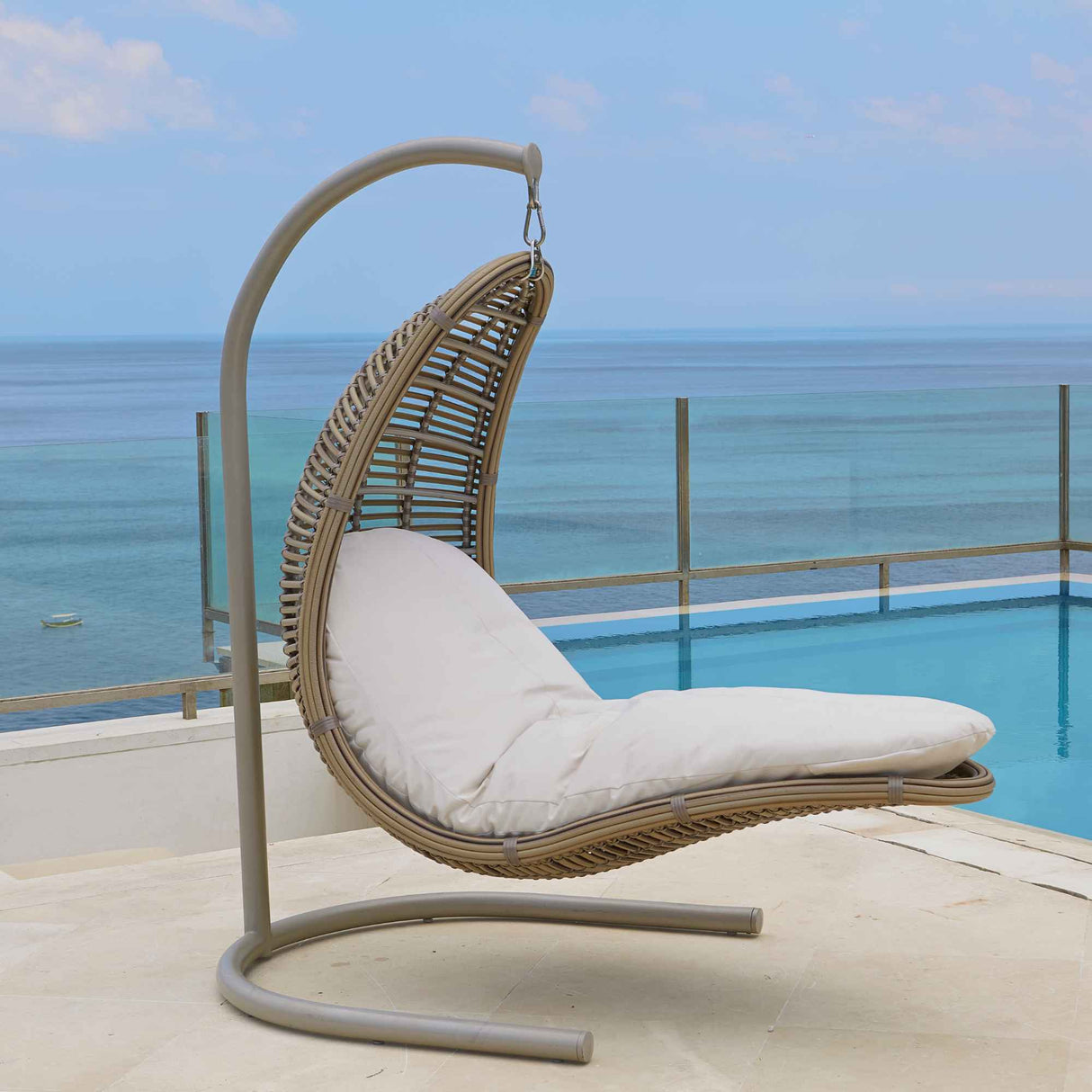 Drone Outdoor Hanging Chair with Frame and Sunbrella Cushions Model 2987-KMNP-2PC-CUSH by Skyline Design