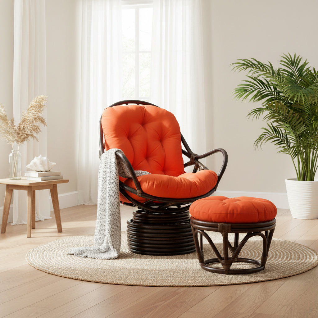 Bali Indoor Papasan Swivel Rocker and Footstool 2 Pc Set with Cushions 93310-3301 – Choice of Cushions Made in the USA