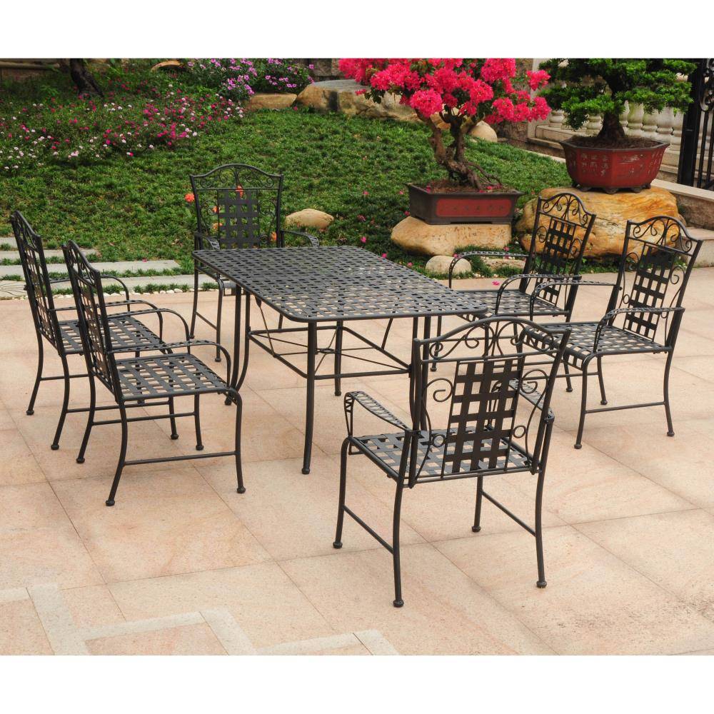 Mandalay Outdoor Wrought Iron Rectangular Dining Set (Set of 7) by International Caravan Model 3455-ANT-BK