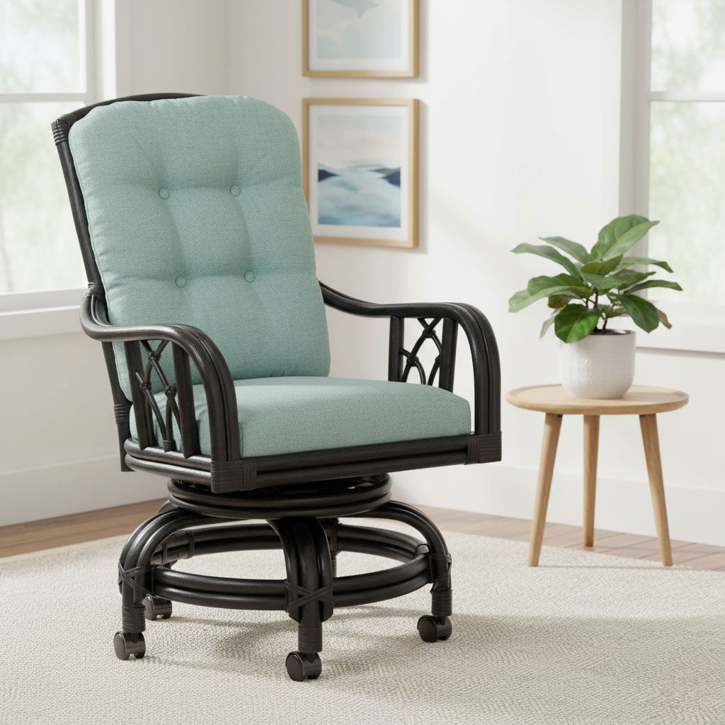Edgewater Black Rattan Swivel Rock Dining Chair with Casters 914-106-BLACK Made in the USA by Braxton Culler
