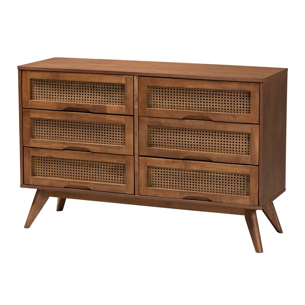 Rina Mid-Century Modern Ash Walnut Finished Wood 4-Piece King Size Bedroom Set with Synthetic Rattan