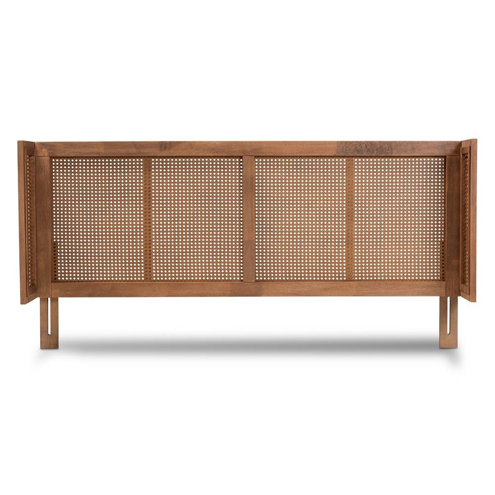 Rina Mid-Century Modern Ash Wanut Finished Wood and Synthetic Rattan Queen Size Wrap-Around Headboard