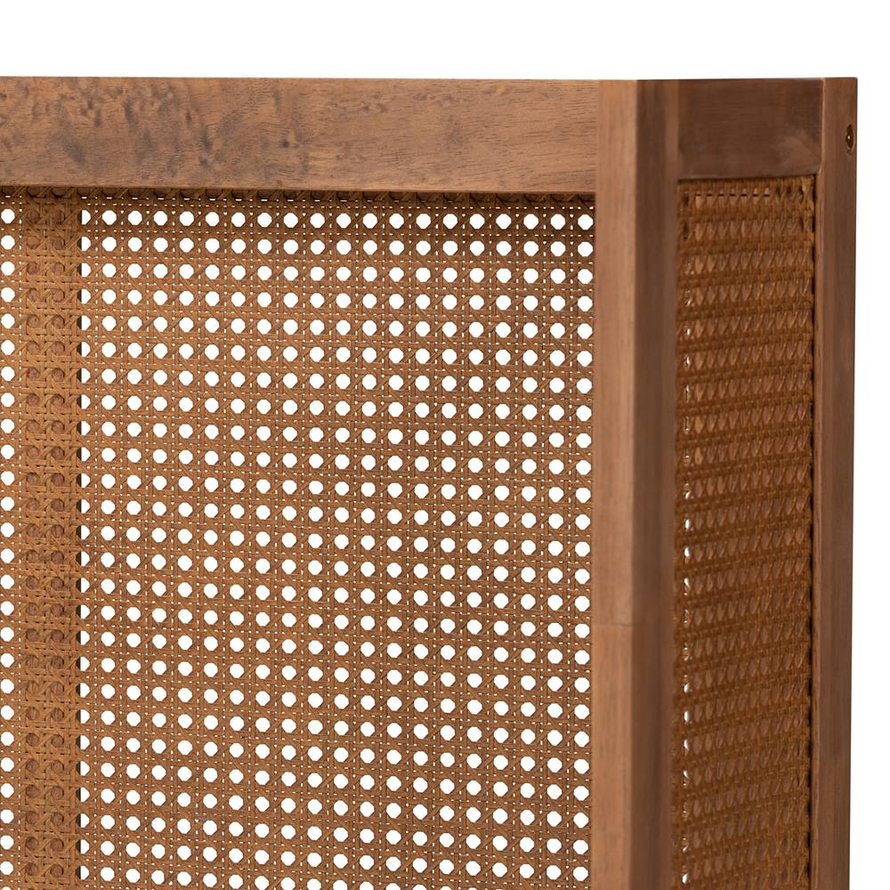 Rina Mid-Century Modern Ash Wanut Finished Wood and Synthetic Rattan Queen Size Wrap-Around Headboard