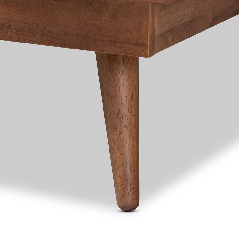 Nura Mid-Century Modern Walnut Brown Finished Wood and Synthetic Rattan Queen Size Platform Bed