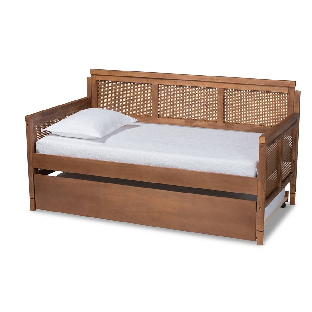 Toveli Vintage French Inspired Ash Wanut Finished Wood and Synthetic Rattan Daybed with Trundle