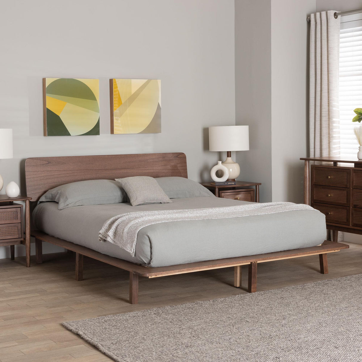 Alyssa Japandi Walnut Brown Wood Queen or King Size Platform Bed
