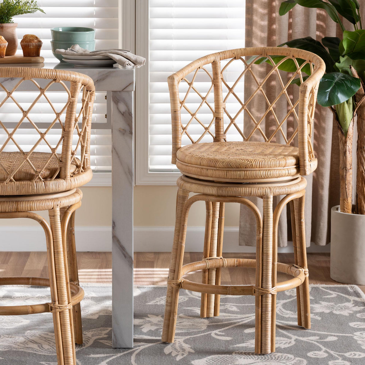 Vyu Bohemian Light Honey Rattan Swivel Counter Stool by Wicker Fair