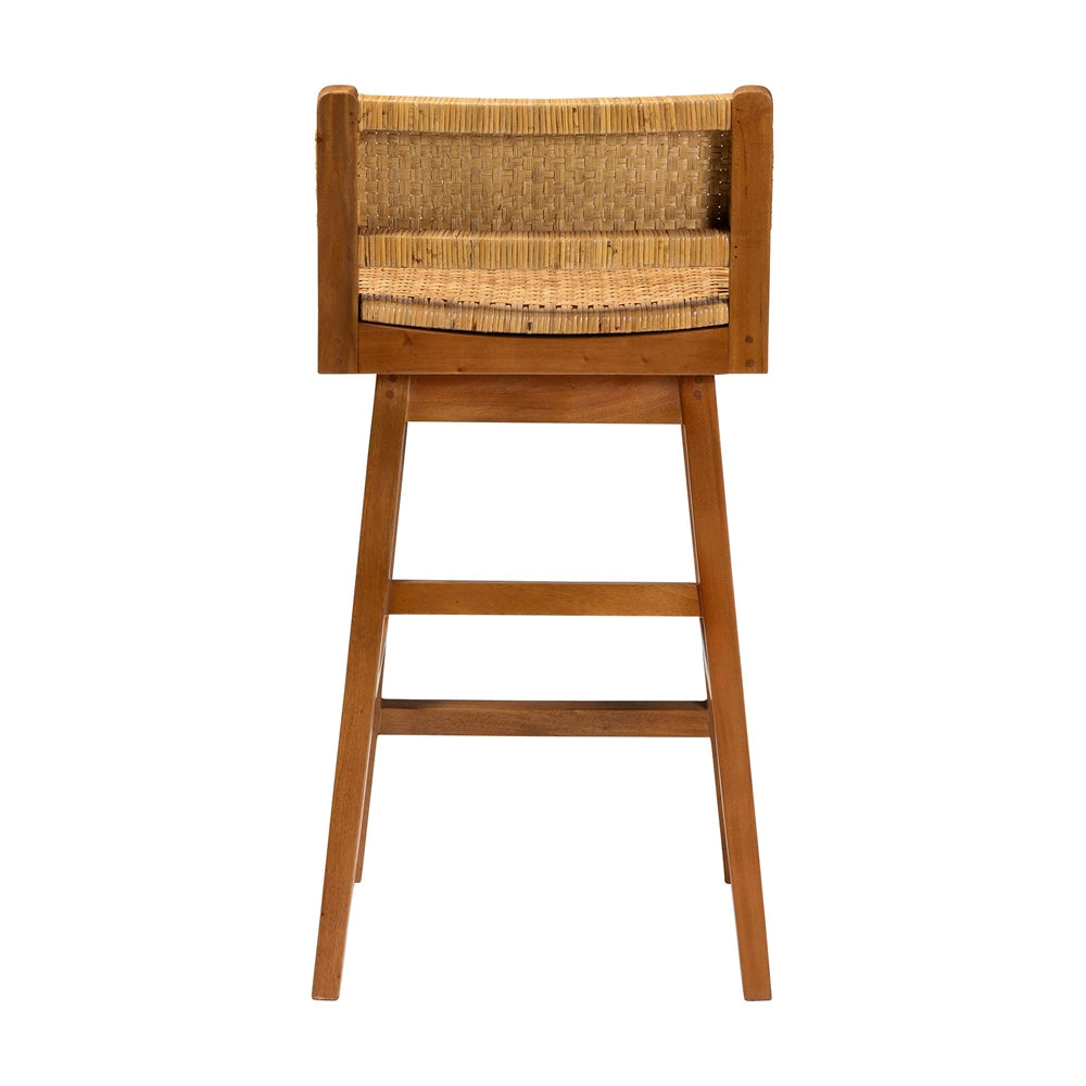 Rasgart Bohemian Natural Rattan and Mahogany Wood Bar Stool by Wicker Fair