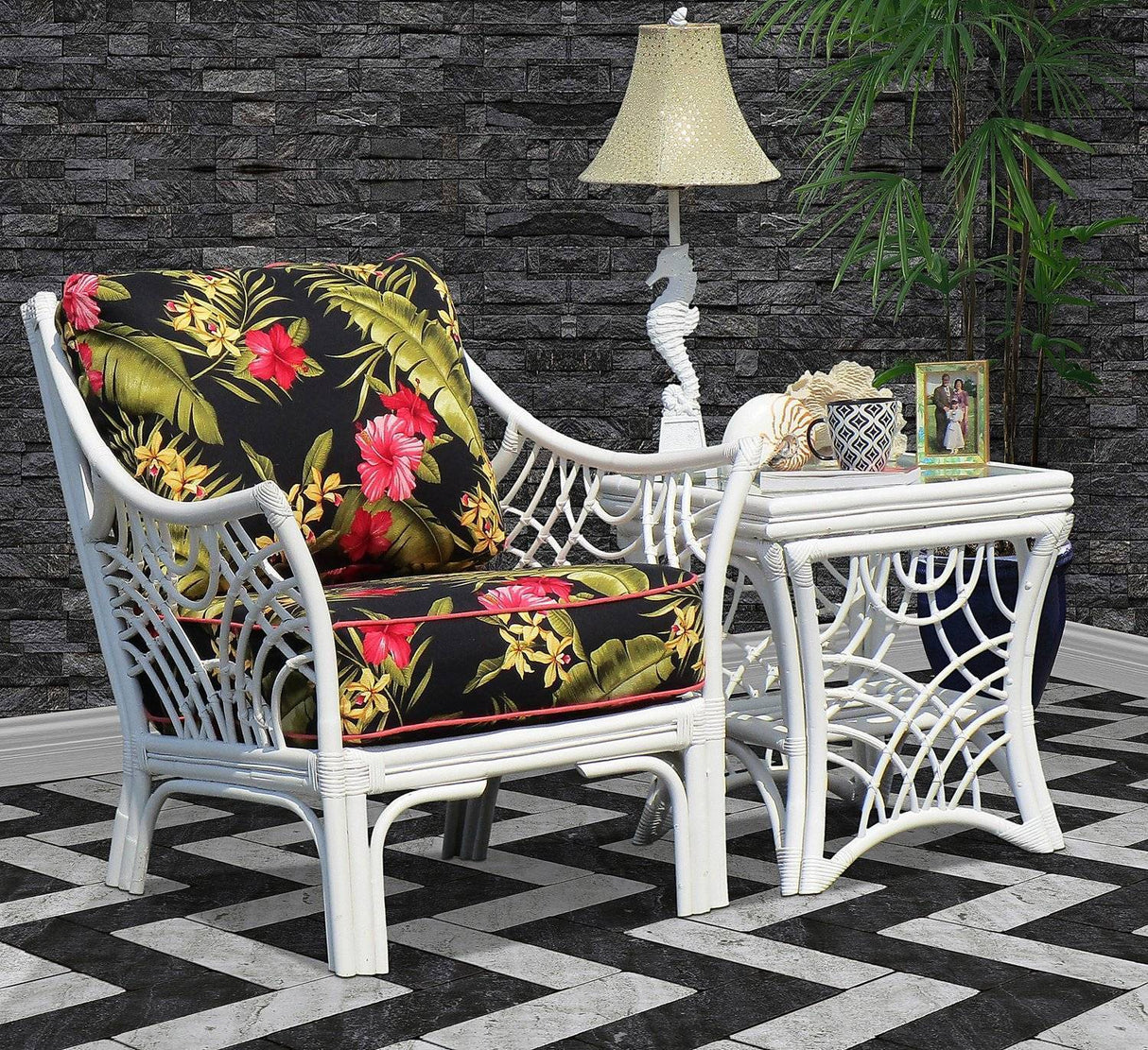 Bali 2 Pc Set of Lounge Chair and End Table in White Finish Model BLAC-W from Spice Island Wicker
