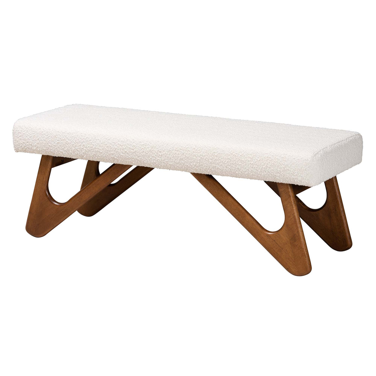 Rika Japandi Cream Boucle Fabric and Walnut Brown Finished Wood Bench by Wicker Fair