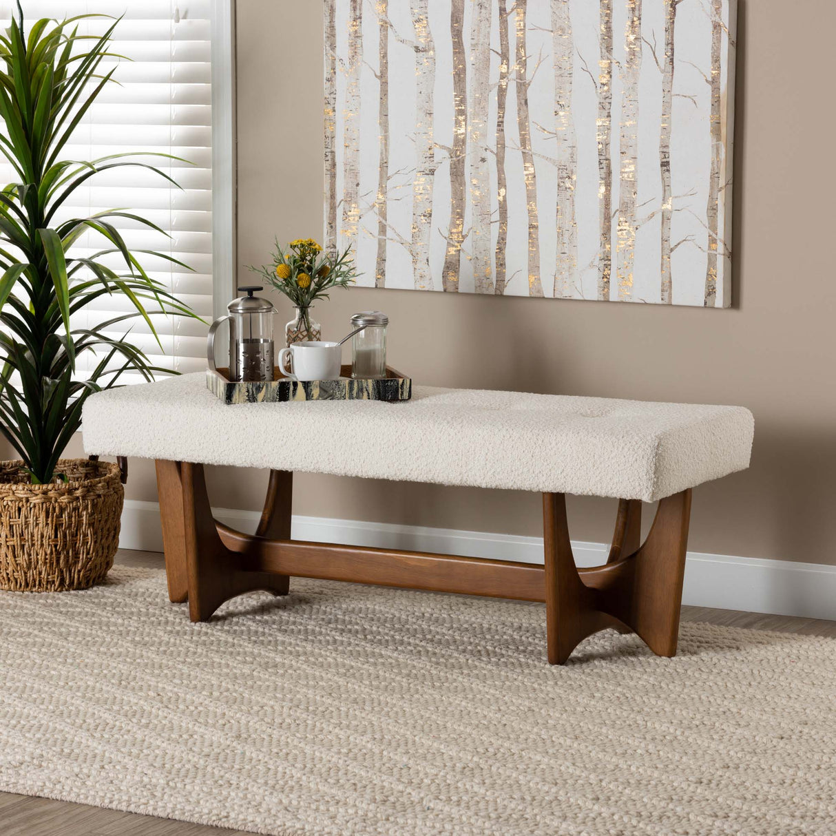 Theo Japandi Cream Boucle Fabric and Walnut Brown Finished Wood Bench by Wicker Fair