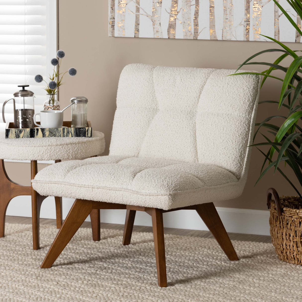 Darielle Japandi Cream Boucle Fabric and Walnut Brown Finished Rubberwood Accent Chair by Wicker Fair