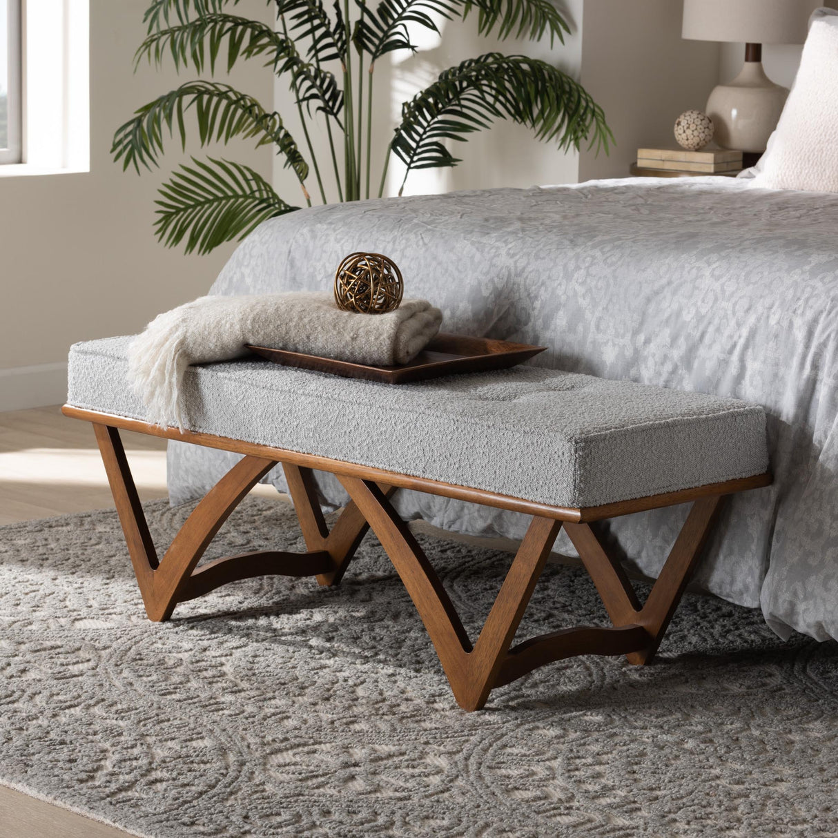 Chenoa Japandi Light Grey Boucle Fabric and Walnut Brown Finished Wood Bench by Wicker Fair
