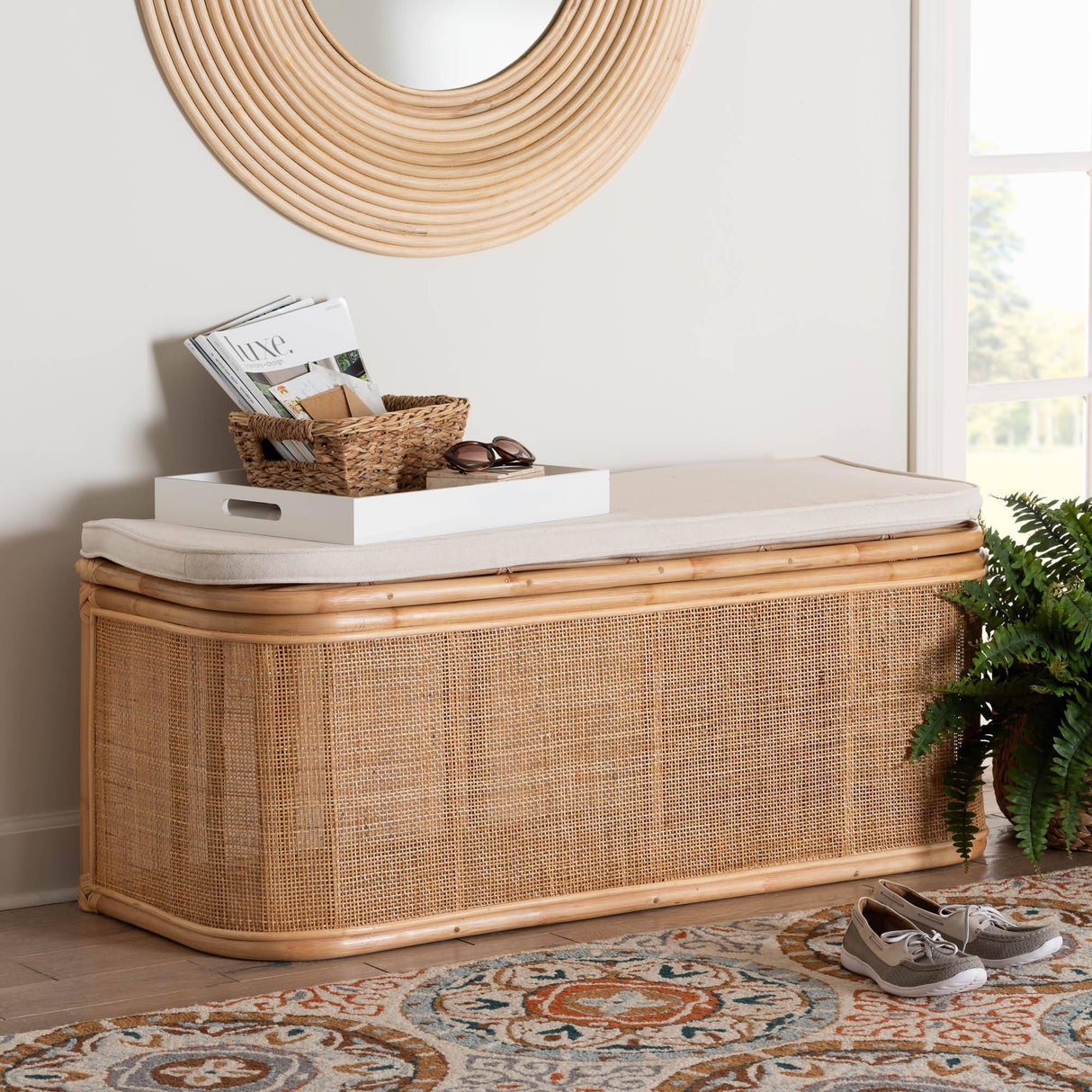 Islander Wicker Fair Rattan Wicker Storage Bench with Cushion