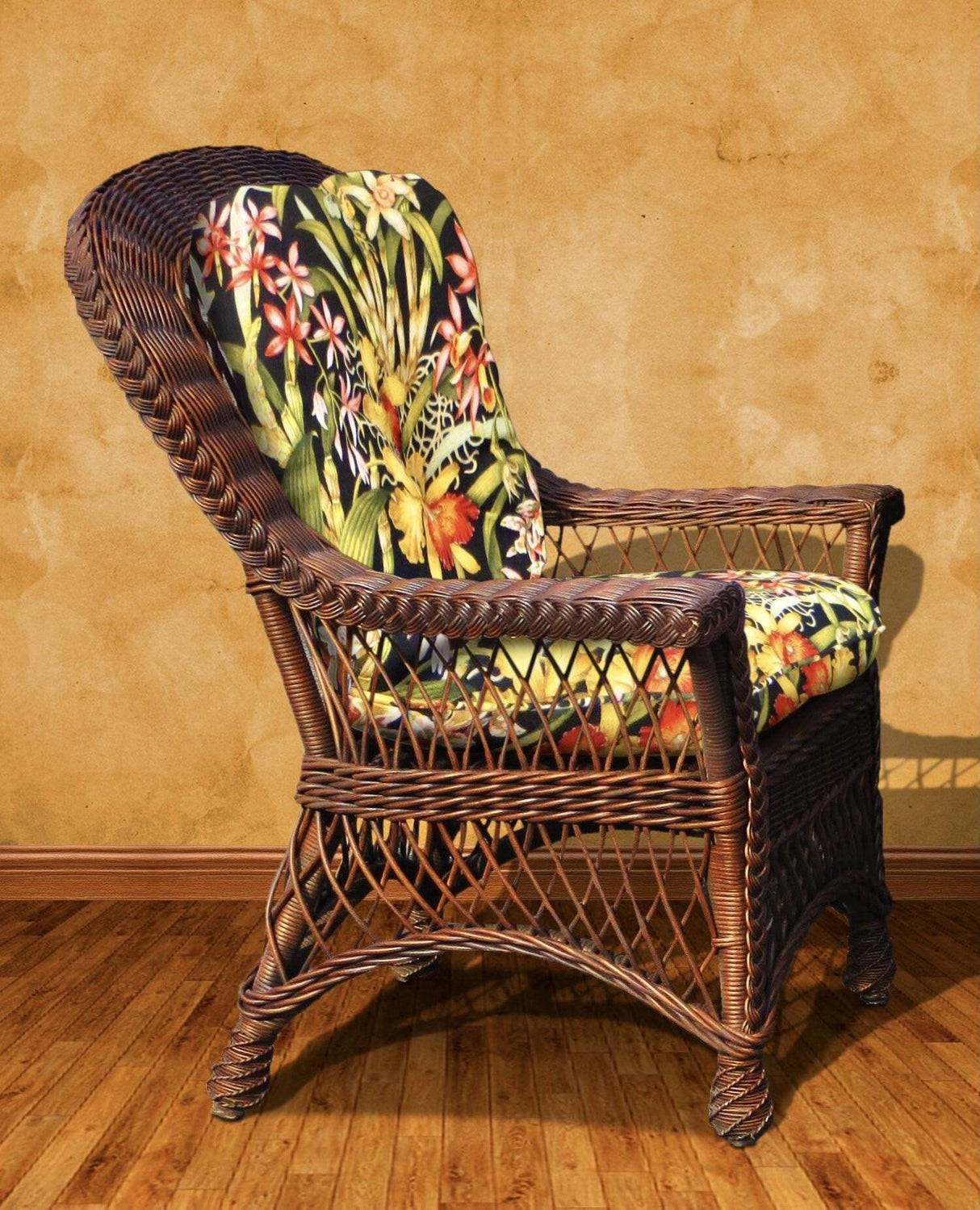 Bar Harbor Brownwash Rattan Dining Arm Chair Model BHSC-BW from Spice Island Wicker – Choice of Cushions Made in the USA