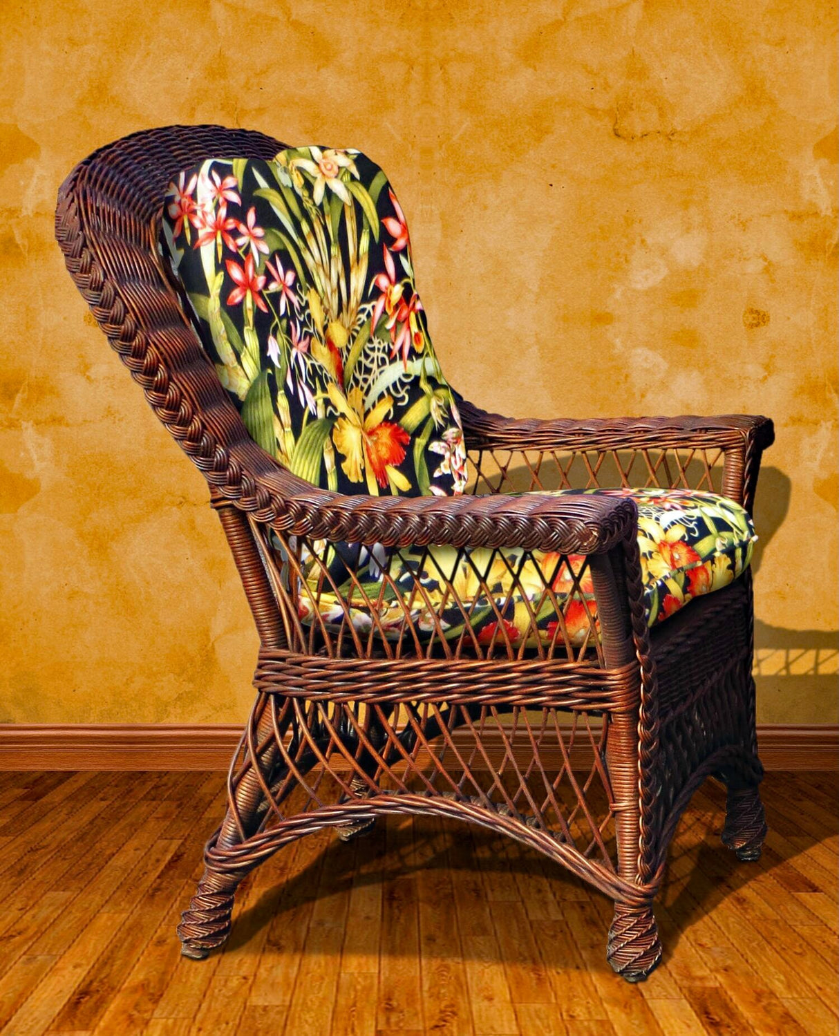 Boston Harbor Brownwash Rattan Dining Arm Chair Model BHDSC-WF by Wicker Fair – Choice of Cushions Made in the USA