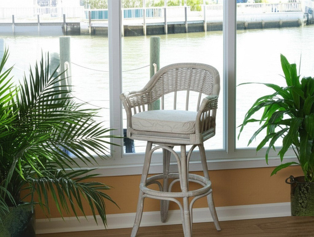 Bridgeport Rattan Swivel Barstool or Counterstool in Rustic Driftwood Finish