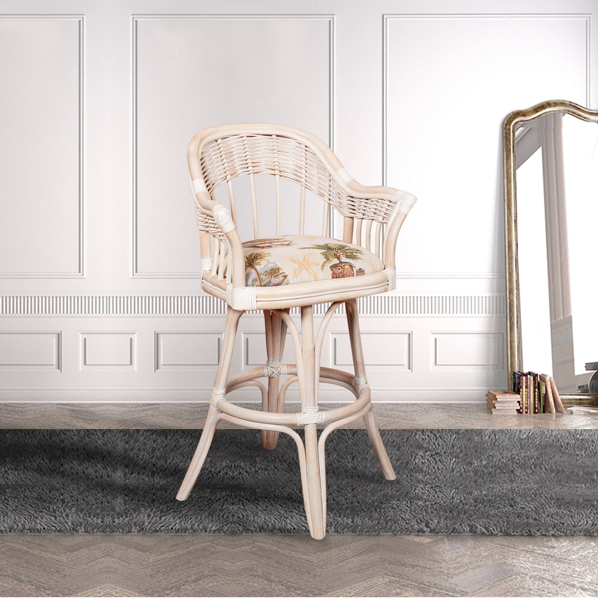 Bridgeport Rattan Swivel Barstool or Counterstool in Washed Linen Finish