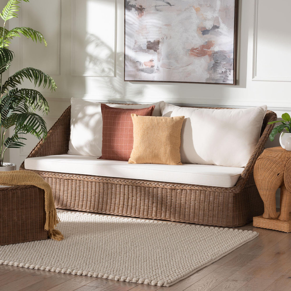 Lerris Bohemian Peanut Brown Braided Rattan Sofa by Wicker Fair
