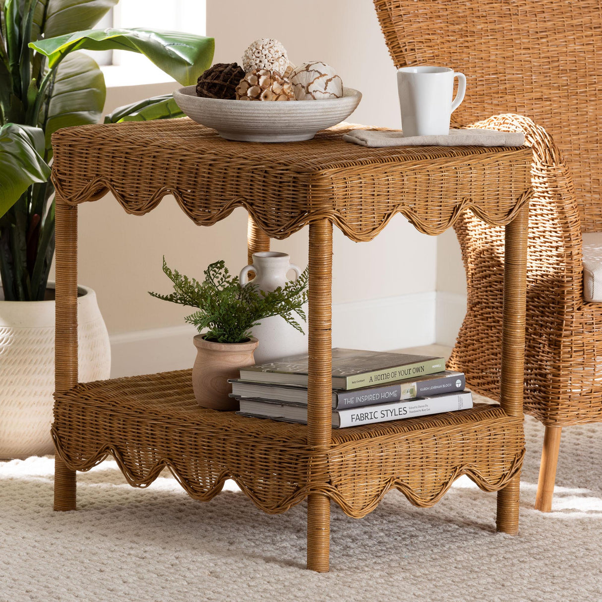 Olleria Bohemian Light Honey Scalloped Rattan Side Table by Wicker Fair