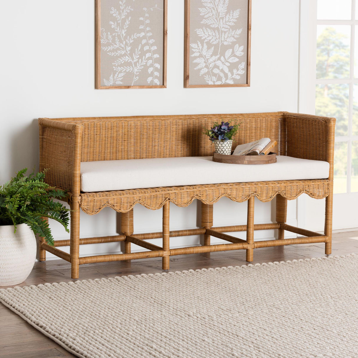 Leranay Bohemian Scallop Light Honey Rattan Accent Bench by Wicker Fair