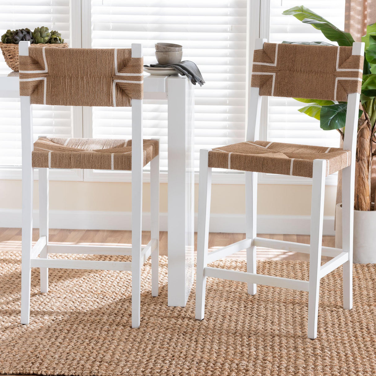 Wicker Fair Beachside (Set of 2) Rattan and White Wood Barstools