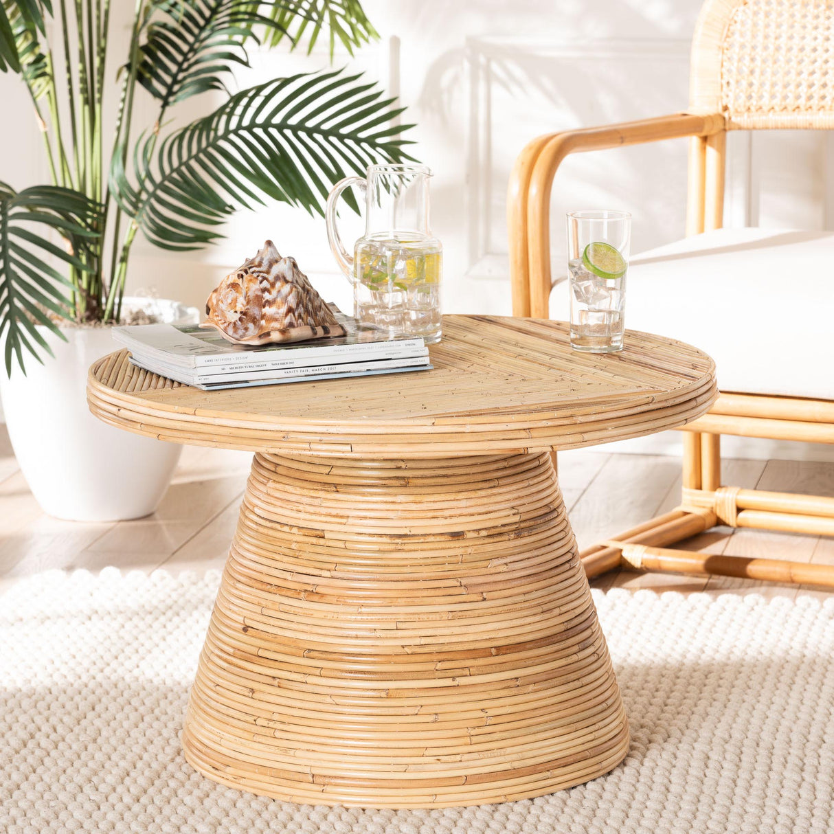 Aella Modern Bohemian Natural Rattan and Mahogany Wood Coffee Table by Wicker Fair