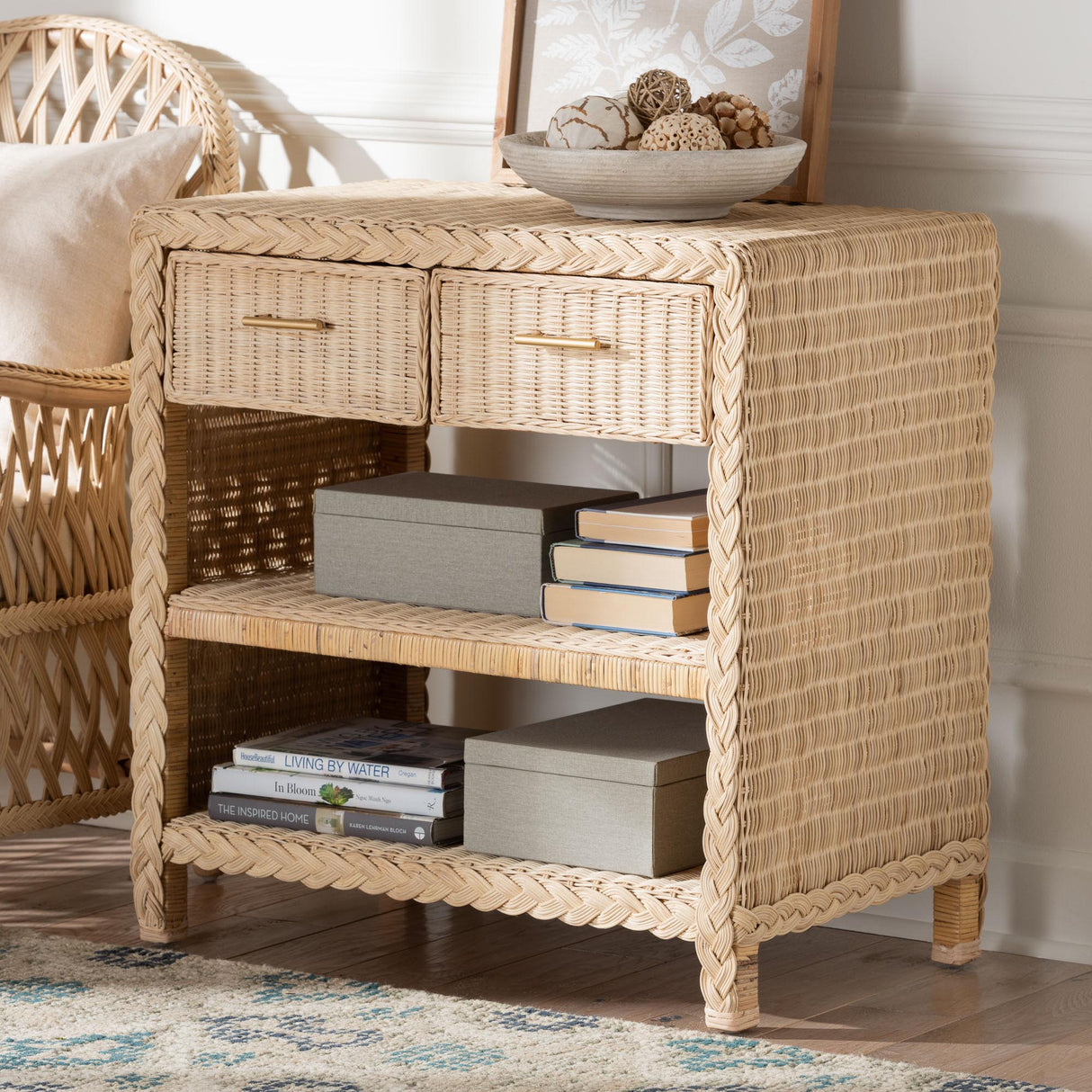 Ranica Japandi Sun Bleached Rattan 2-Drawer Console Table by Wicker Fair