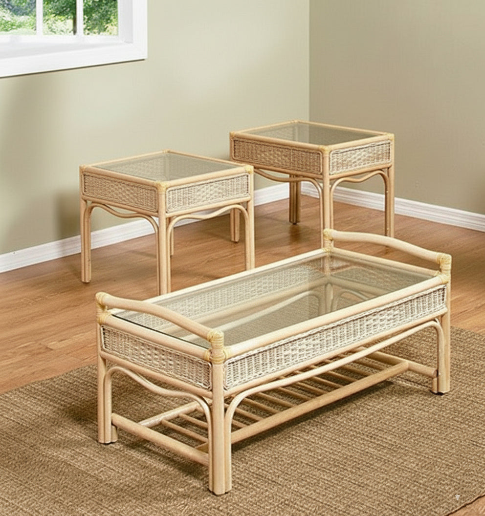 Captiva Rattan 3 Pc Table Set with 1 Coffee Table and 2 End Tables Set in Natural Finish by Stanley Chair Model EC-2-NAT