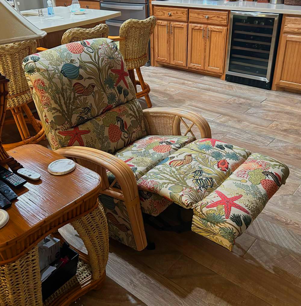 Captiva Rattan and Wicker Recliner with Custom Finish and Fabric by Stanley Chair Model 122