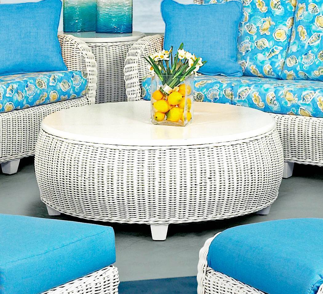 Clarissa Round White Wood and Wicker Coffee Table CZ-05 by Designer Wicker Tribor