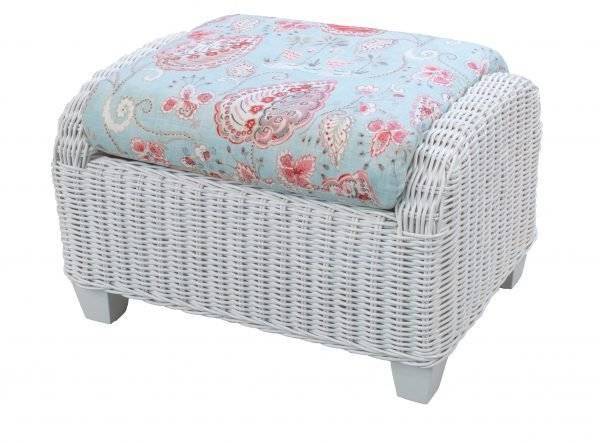 Clarissa White Rattan 2 Pc Living Room Set with Lounge Chair and Ottoman by Designer Wicker Tribor – Choice of Cushions Made in the USA