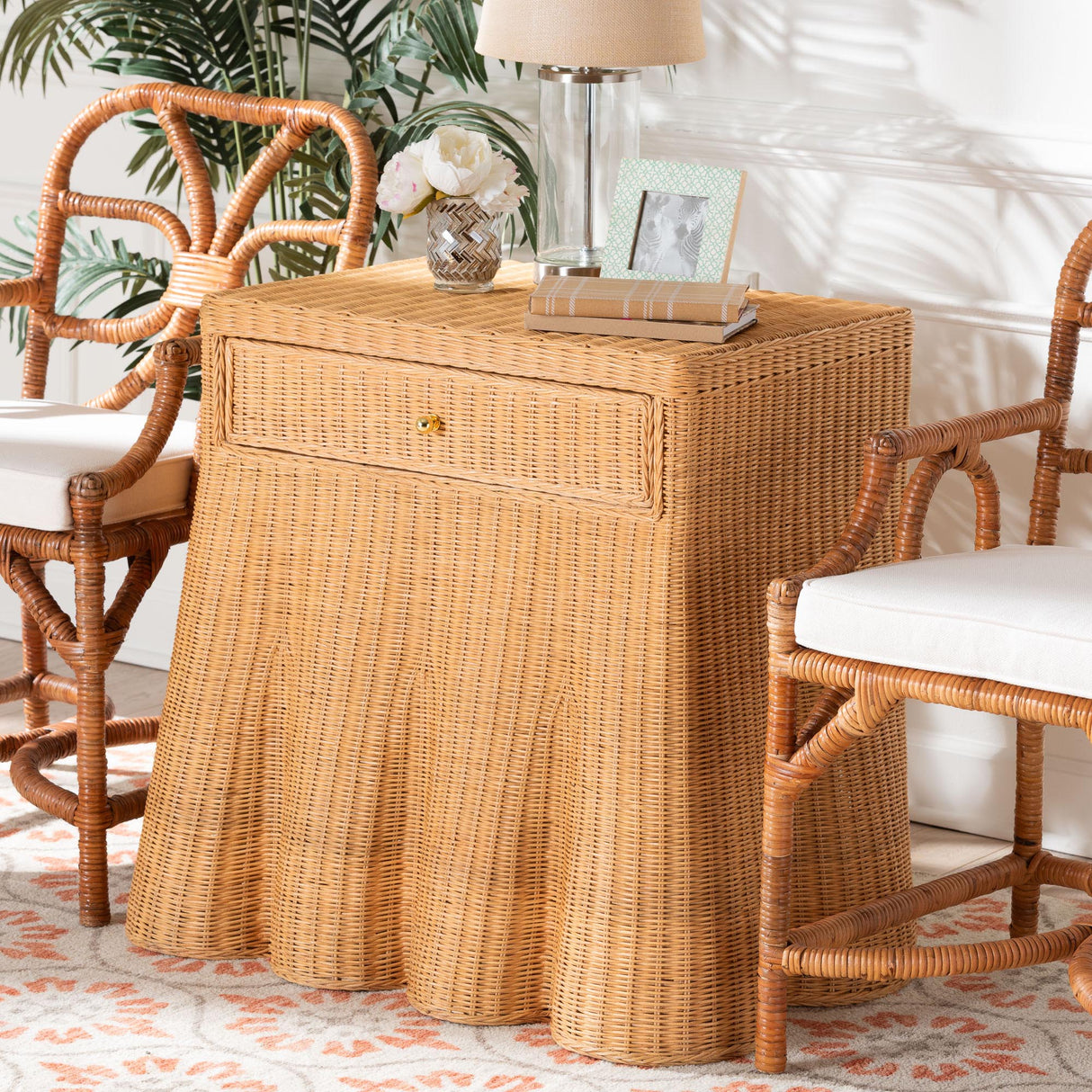 Rica Scalloped Natural Rattan Console Table with Drawer by Wicker Fair