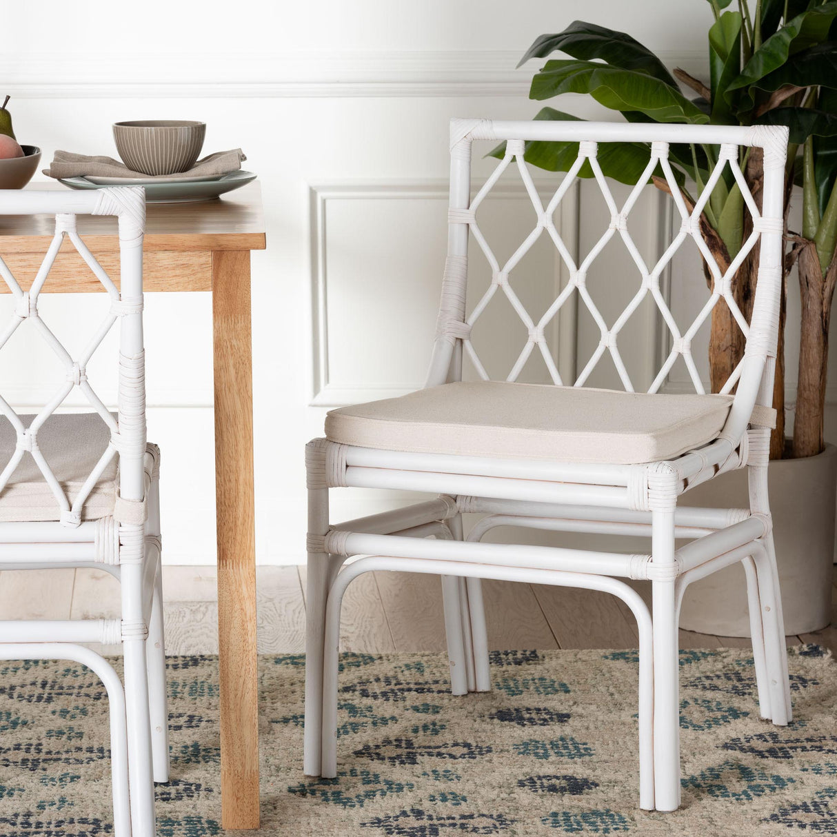 Wicker Fair Cindy Rattan White Dining Chair with Cushion