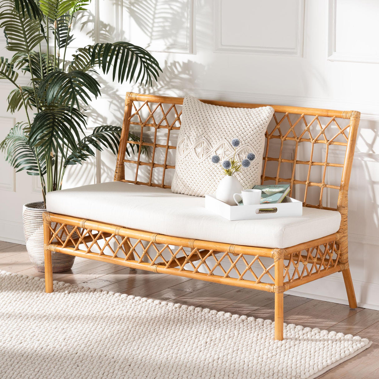 Kapella Modern Bohemian Honey Rattan Dining Bench by Wicker Fair