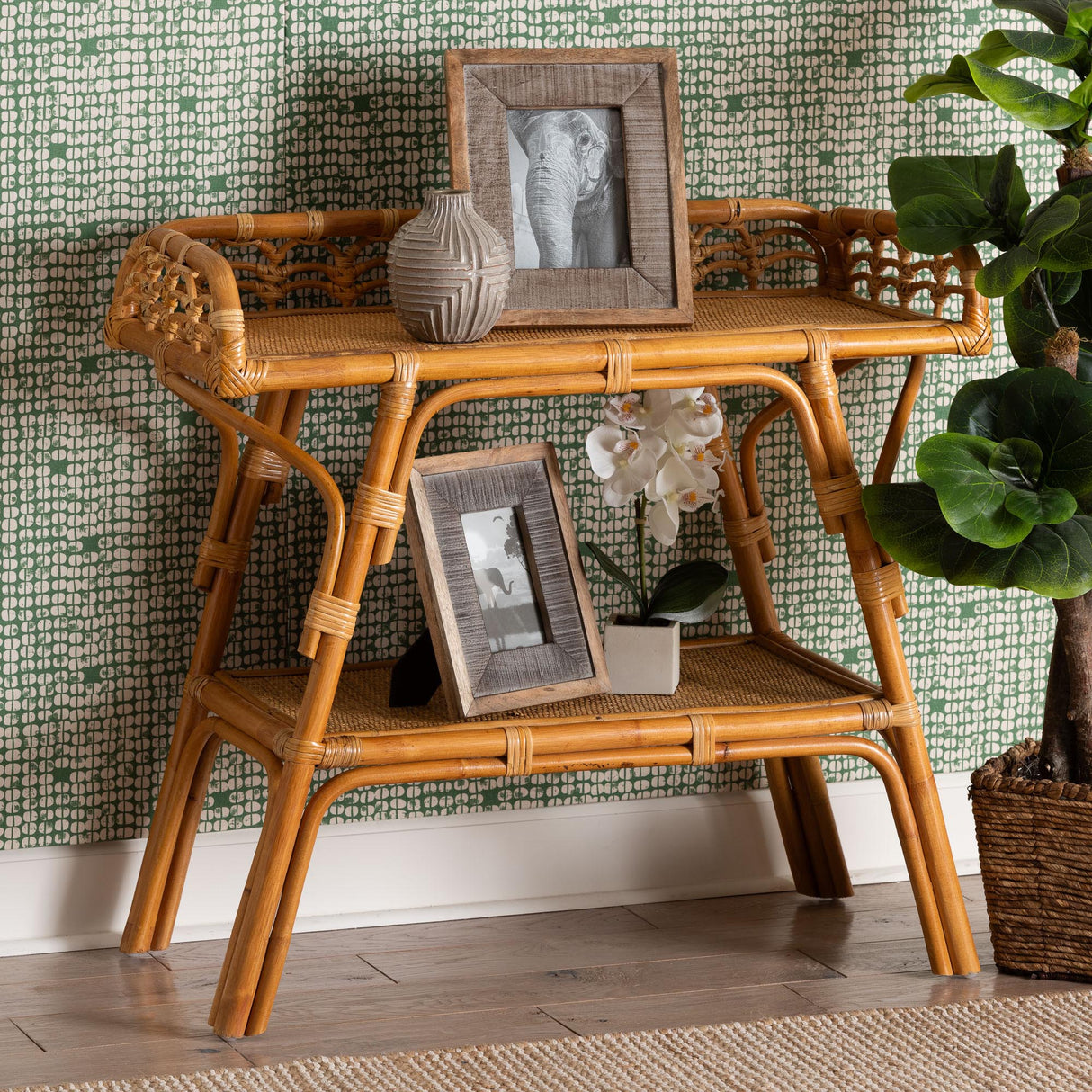 Rayana Modern Bohemian Natural Rattan 2-Tier Console Table by Wicker Fair