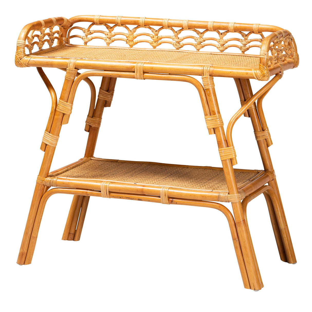 Rayana Modern Bohemian Natural Rattan 2-Tier Console Table by Wicker Fair