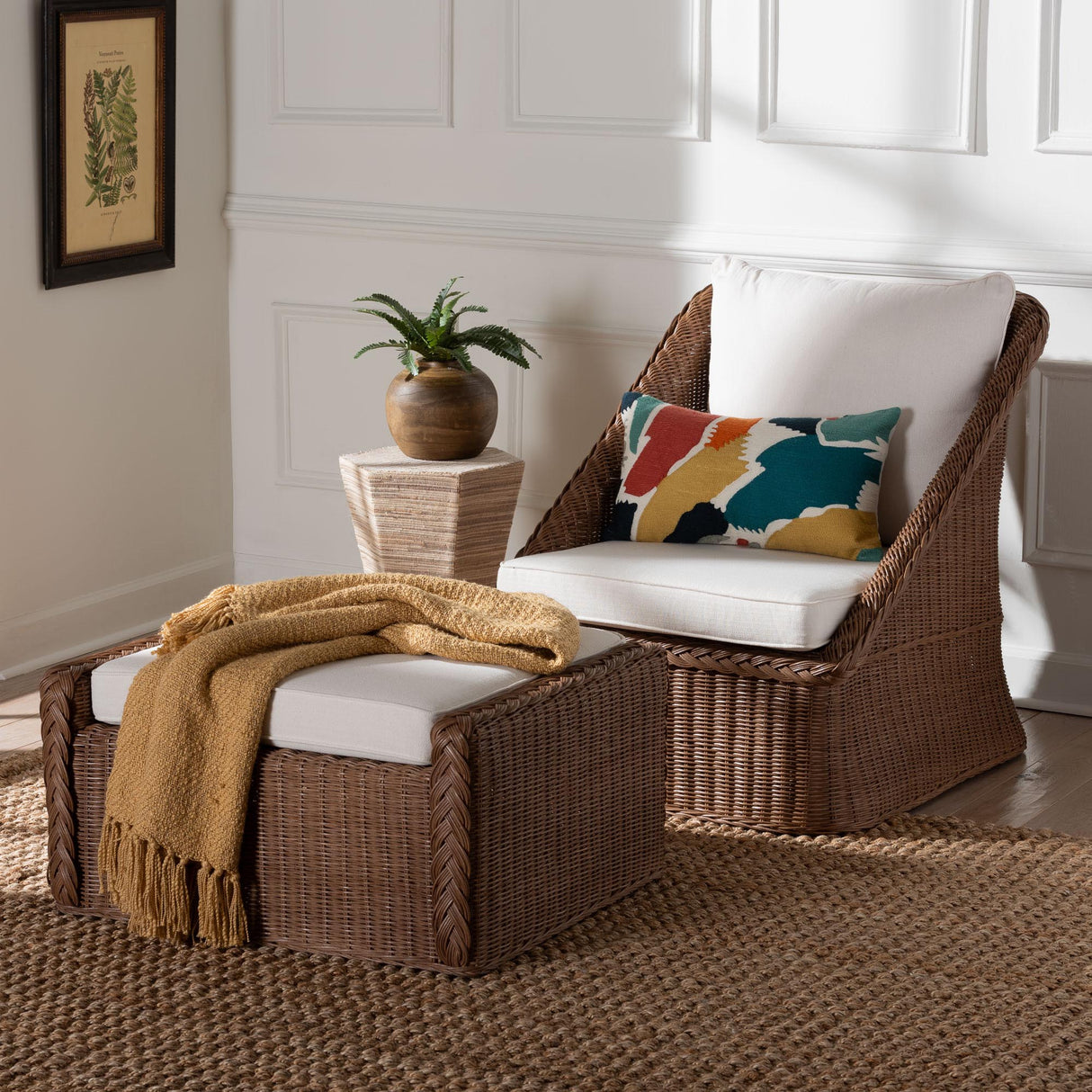 Derris Wicker Fair Rattan 2-Piece Arm Chair and Footstool Set