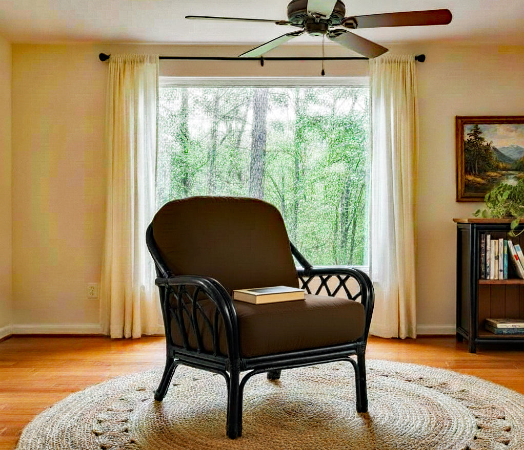 Edgewater Black 3 Pc Set with Rattan Arm Chair, Ottoman, and Etagere Model 914-001-3PCSET-BLACK Made in the USA by Braxton Culler