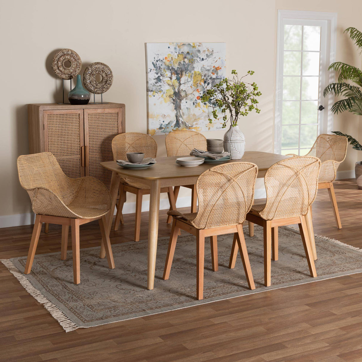 Misty Bohemian Natural Wood And Rattan 7-Piece Dining Set