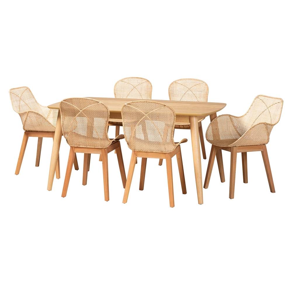 Misty Bohemian Natural Wood And Rattan 7-Piece Dining Set