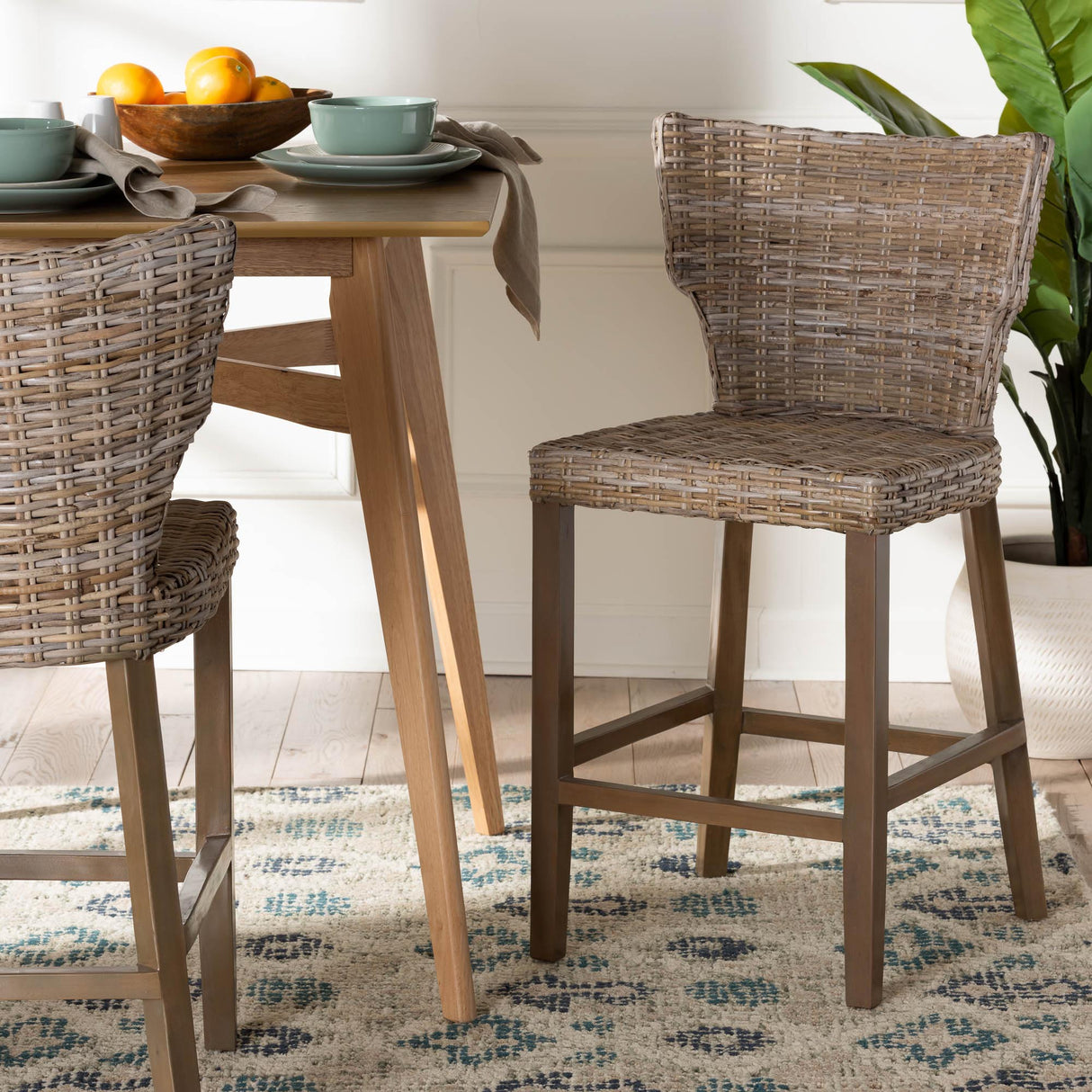 Renver Modern Bohemian Grey Kubu Rattan and Mahogany Wood Counter Stool by Wicker Fair