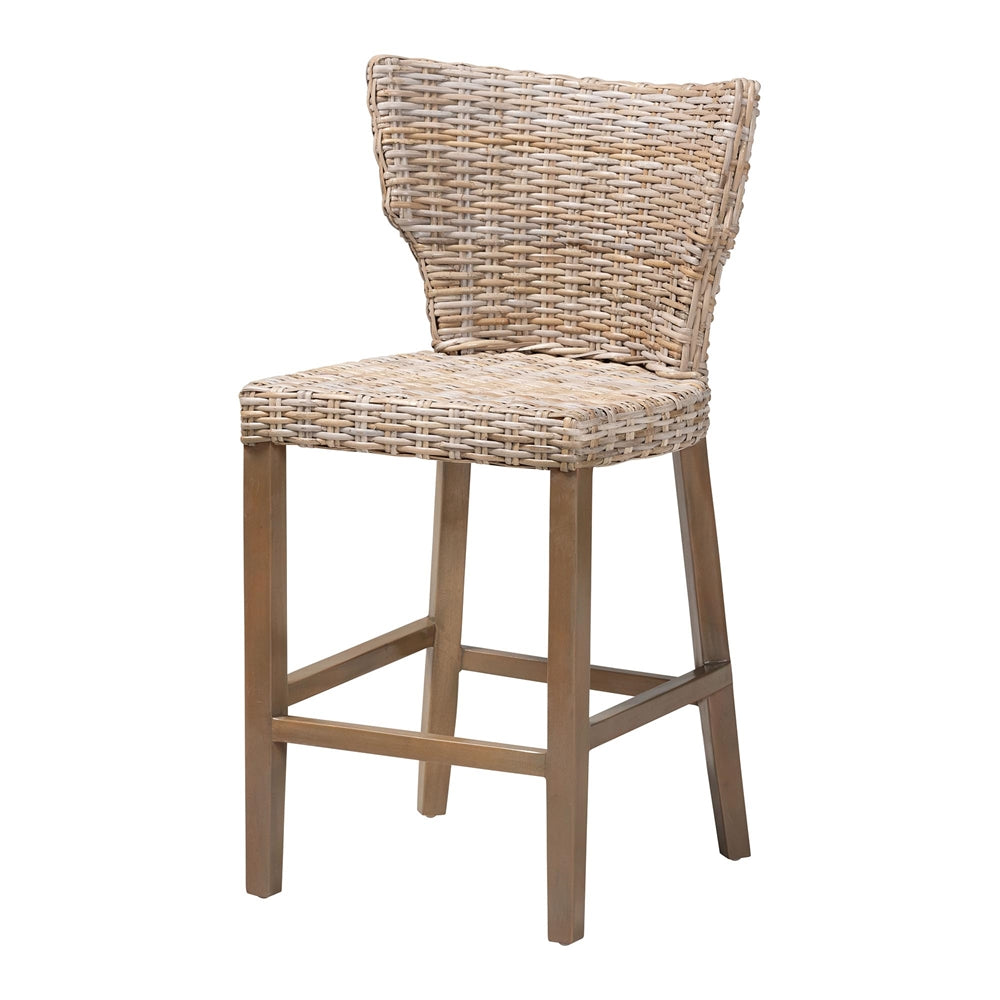 Renver Modern Bohemian Grey Kubu Rattan and Mahogany Wood Counter Stool by Wicker Fair