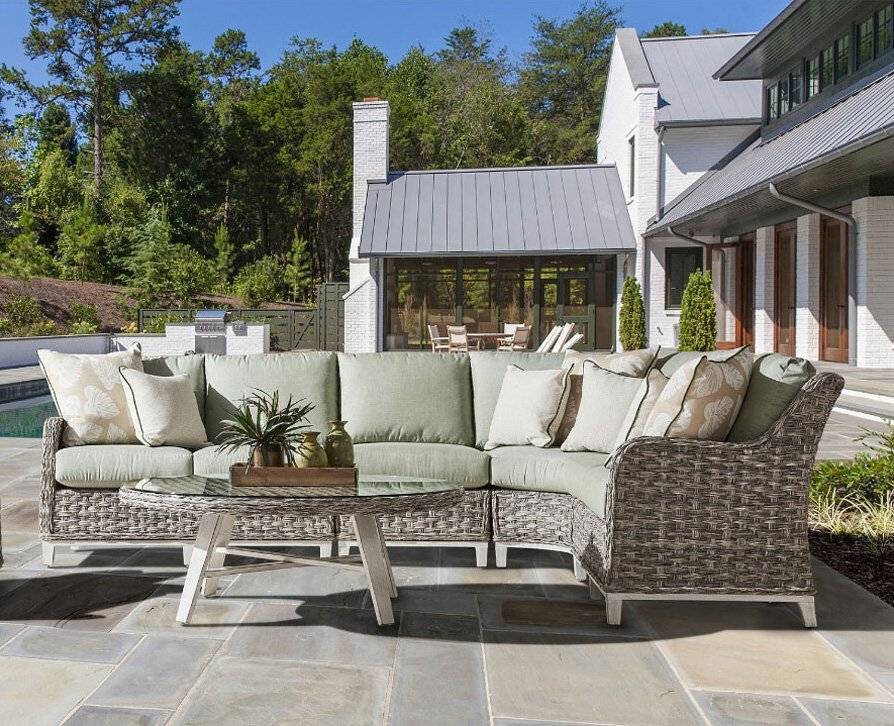Grand Isle Outdoor 5 Pc Patio Wicker Sectional Set in Soft Granite Stain 77400-5 by South Sea Rattan with Cushions Made in the USA