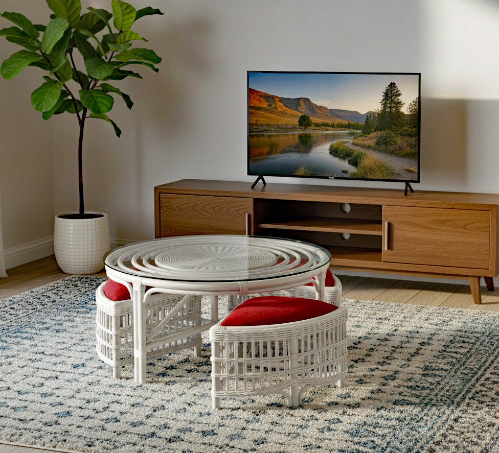 Captiva Rattan and Wicker Hassock Table with 4 Stools by Stanley Chair Model CB-2