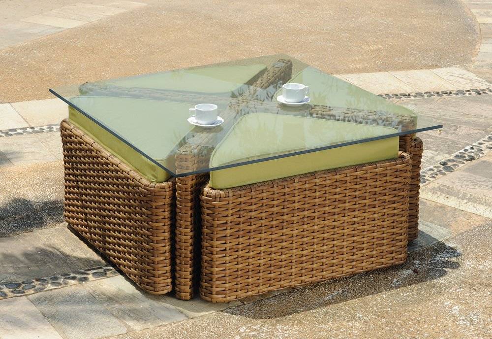 Java Sushi Outdoor Wicker Table Set with Table and 4 Ottoman Chairs 79246